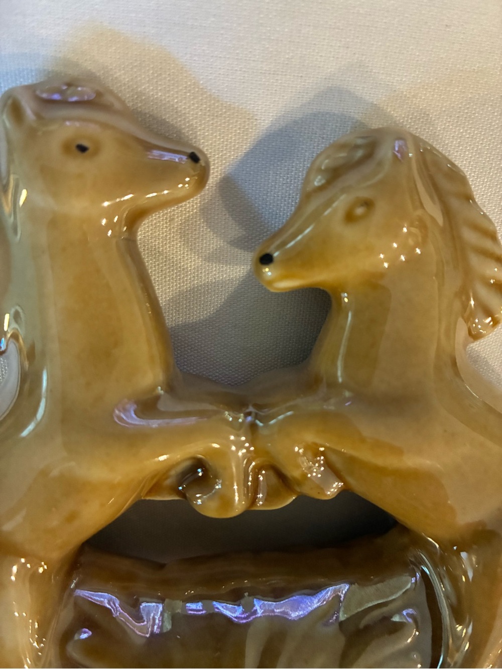 mid-century brown lusterware ceramic double-horse figurine featuring two Horses